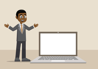 Cartoon character, African businessman and laptop display.