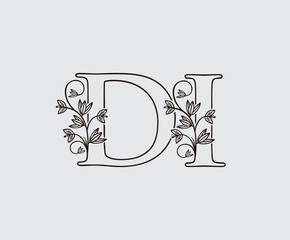 Letter D, I and DI Vintage Floral Logo Icon, overlapping monogram logo, Simple Swirl Black color Logo on white background. Classy Letter Logo Icon.