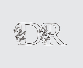 Letter D, R and DR Vintage Floral Logo Icon, overlapping monogram logo, Simple Swirl Black color Logo on white background. Classy Letter Logo Icon.