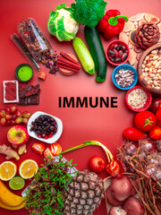 health food selection for cold and flu remedy with foods high in antioxidants, vitamins. Immune boost with natural products