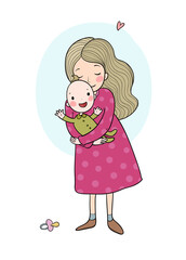 Mom and baby. Cute Cartoon Woman and Baby