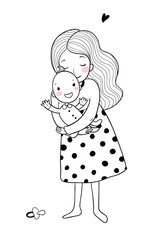 Mom and baby. Cute Cartoon Woman and Baby