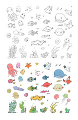 Big set of marine. Sea theme. Cute cartoon turtle starfish, funny fish, jellyfish and sea horse, seaweed and a bottle with a note.