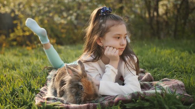 Girl 7 years hugs and pats brown rabbit on a green lawn.