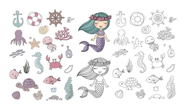 Marine illustrations set. Little cute cartoon mermaid