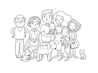 Fototapeta na wymiar A happy family. Parents with children. Cute cartoon dad, mom, daughter, son and baby. grandmother and grandfather. Funny pet cat and dog