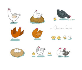 Set with cartoon cute chicken, nest and eggs. Farm animals - 300668447