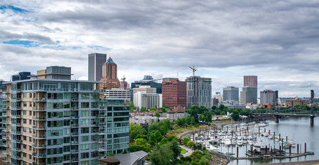 Fototapeta na wymiar Aerial View of Downtown Portland and Willamette River Marina - Portland, Oregon, USA