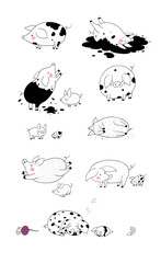 Set with cute cartoon pigs. Farm animals. Pig in different poses
