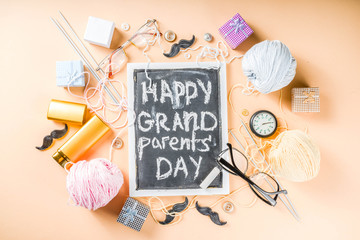 Happy Grandparents day background. Grandparents holiday gift card, granny and grandpa's day celebration, Flatlay copy space