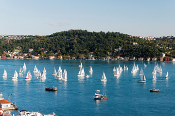 Fototapeta na wymiar Sailing boats and yachts in Bosporus cup in Istanbul, Turkey