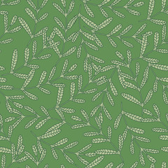Hand drawn leaf wallpaper. Forest leaves seamless pattern on green background.