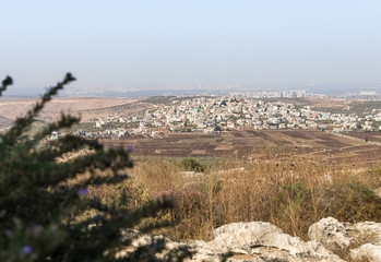 Panoramic view from the place called the Balcony of Israel in the Jewish settlement Peduel to the Samaria region in Benjamin and Israel in the distance - obrazy, fototapety, plakaty