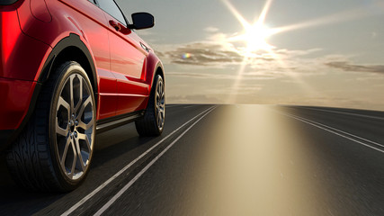 3d car sedan rides on the road to meet the sun, 3D rendering. Wheel close-up. - obrazy, fototapety, plakaty