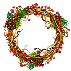 Winter, New Year, festive wreath of intertwined coniferous branches and berries.