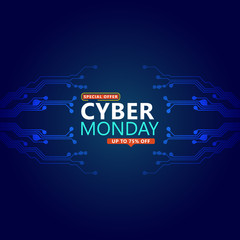 Cyber monday sale with circuit board background. Promotional online sale event. vector illustration