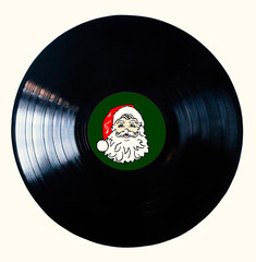 Back vinyl record with Santa Claus in the middle of the disc isolated on white background