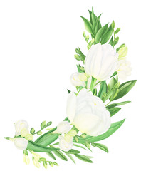 Arrangements with white spring flowers: tulips and freesias and greenery, watercolor painting. For wedding cards and invitation.