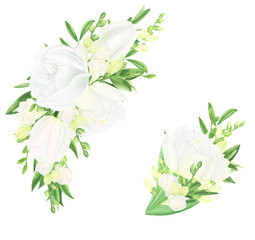 Arrangements with white spring flowers: tulips and freesias and greenery, watercolor painting. For wedding cards and invitation.