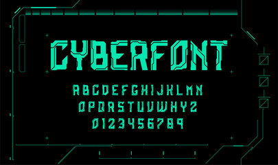 Fototapeta na wymiar Cyberpunk technological font. Sci fi letters and numbers. Futuristic typeface. Vector illustration EPS 10