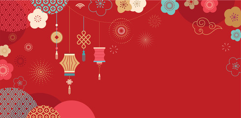 Fototapeta Happy Chinese new year design. 2020 Rat zodiac. Cute mouse cartoon. Japanese, Korean, Vietnamese lunar new year. Vector illustration and banner concept  obraz