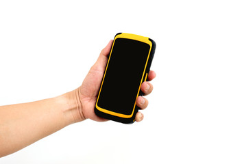 Hand worker hold tablet handheld for Checking and Scanning Package In Warehouse. On isolated background. © sayayute