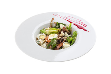 fresh salad with gorgonzola cheese and egg in white bowl isolated on white background