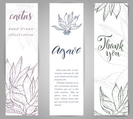 Set of banners with hand drawn agave plant, sketch style vector illustration isolated on white background. Wild floral exotic tropical plant. Black and white of agave plant