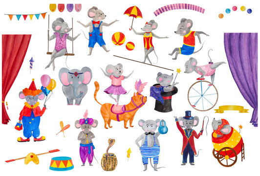 .watercolor illustration set circus paraphernalia mouse in costumes