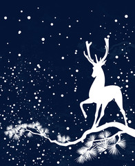 Obraz na płótnie Canvas elegant deer standing on pine tree branch among falling snow - christmas time natural wilderness vector silhouette design