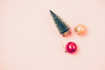 Christmas Background with Christmas Balls and Fir Tree Holiday Background Top View Copy Space Christmas Festive Mood Flat Lay Horizontal