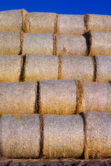 Hay lies on the field against the sky