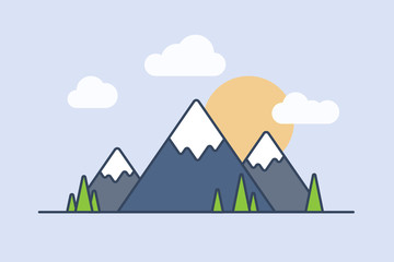 Line flat style landscape with mountains on blue background. Vector illustration.