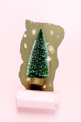 Hole in Paper Christmas New Year Celebration Banner or Background Christmas Decorations Fir Tree in the Hole with Snow Vertical