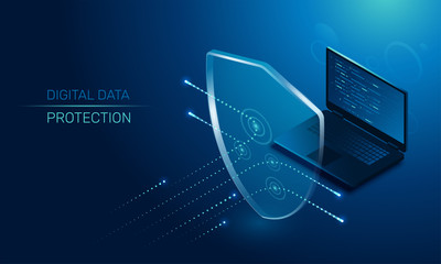 isometric vector image on a dark background, a transparent shield covering the laptop from virus attacks, protection of digital data - obrazy, fototapety, plakaty