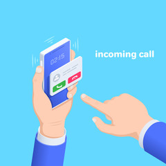 isometric vector image on a blue background, a male hand holds a smartphone to answer an incoming call