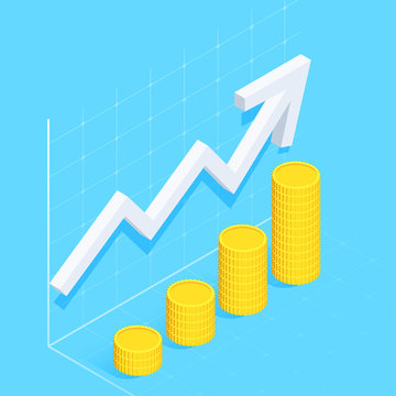 isometric vector image on a blue background, white curved arrow tends to the top and columns with coins, financial success and return on investment