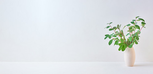Home interior with decor elements. Branches with green leaves in a vase on a light background