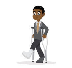 Cartoon character, African businessman with crutches and a plaster on his leg.