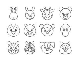 cute animals head cartoon icons set line style