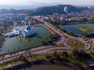 Bird eyes view of beautiful Kota Kinabalu mosque, famous landmark in Kota Kinabalu with clear blue...