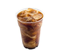 Iced coffee or caffe latte in takeaway cup isolated on white background