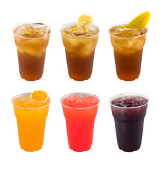 Iced Drinks Collection of fruit juices ,lemon tea and cocktails in glasses isolated on white background