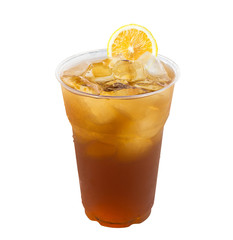 Glass of Iced tea with lemon on white background
