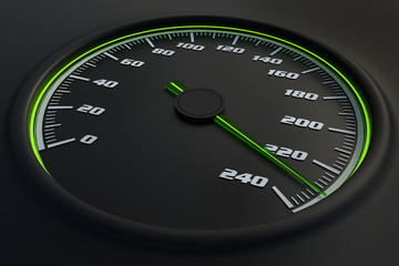 Green speedometer in car on dashboard. 3D rendered illustration.