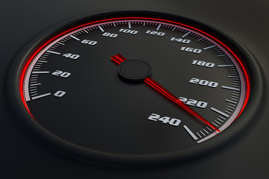 Red speedometer in car on dashboard. 3D rendered illustration.