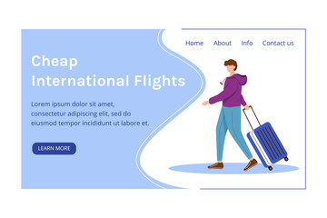 Cheap international flights landing page vector template. Best travel deals website interface with flat illustrations. Budget tourism homepage layout. Low cost flights banner, webpage cartoon concept