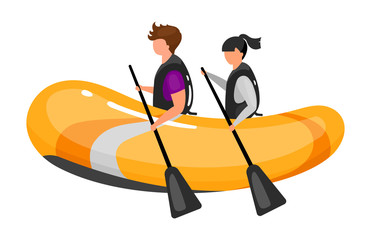 Couple on boat flat vector illustration. Extreme sports experience. Active lifestyle. Outdoor water activities. Teamwork rowing. Sports people isolated cartoon character on white background