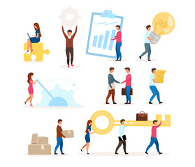 Plakat Organization functioning flat vector illustration set. Company employees working together. Business model. Teamwork, cooperation. Effective workflow. Isolated cartoon character on white background