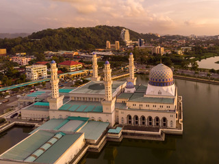 Aerial Drone image of beautiful mosque and the most famous tourist spot Likas Mosque(Masjid...